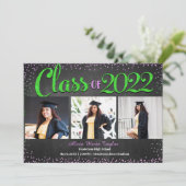 Rosa und grüner Glitzer Foto Abschluss Einladung (Stehend Vorderseite)