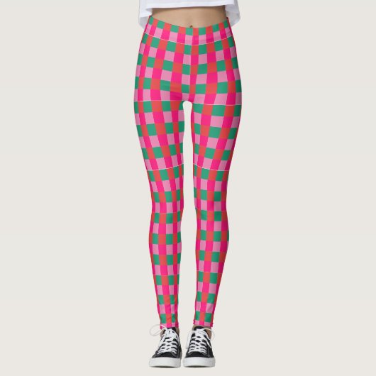 Rosa und grüner Karo Kariert Leggings (Vorderseite)