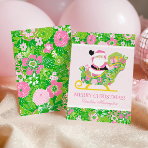 Rosa und grüner Preppy Palm Beach Weihnachtsmann Feiertagskarte