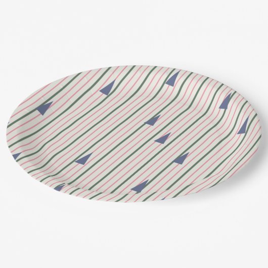 Rosa und grüner Retrostreifen Pappteller (Schrägansicht)