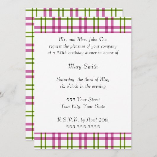 Rosa und grüner Tartan Einladung (Vorne/Hinten)