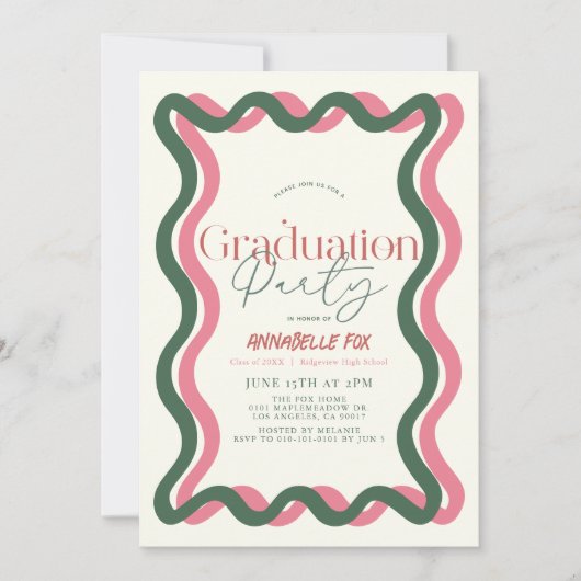 Rosa und grüner Wavy-Frame-Abschluss Einladung (Vorderseite)
