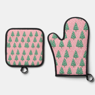 Rosa und grüner Weihnachtsbaum Ofenhandschuh & Topflappen-Set