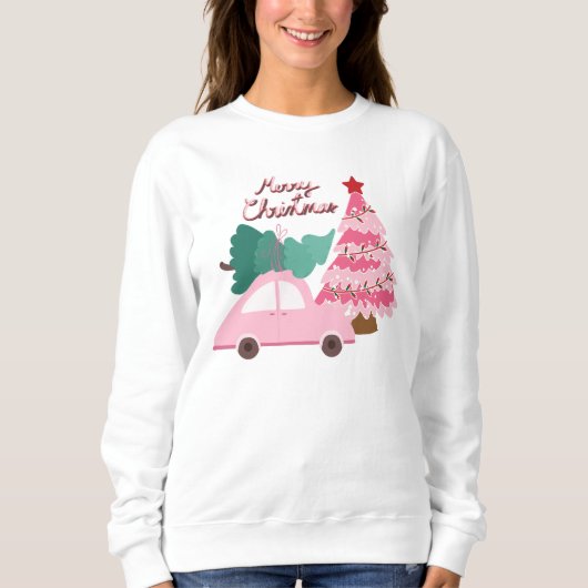 Rosa und grünes Auto mit Weihnachtsbaum Sweatshirt (Vorderseite)