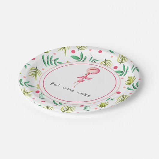 Rosa und grünes Flamingo-Party Pappteller (Schrägansicht)