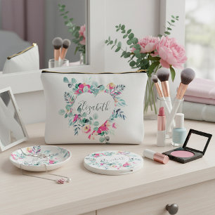 Rosa und grünes florales Herz personalisiert Zubehörtasche