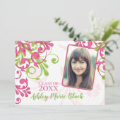 Rosa und grünes Foto Abschluss Einladung (Stehend Vorderseite)