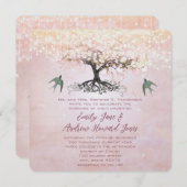 Rosa und grünes Herz Leaf Tree Love Bird Wedding Einladung (Vorne/Hinten)