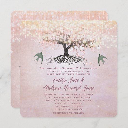 Rosa und grünes Herz Leaf Tree Love Bird Wedding Einladung (Vorne/Hinten)