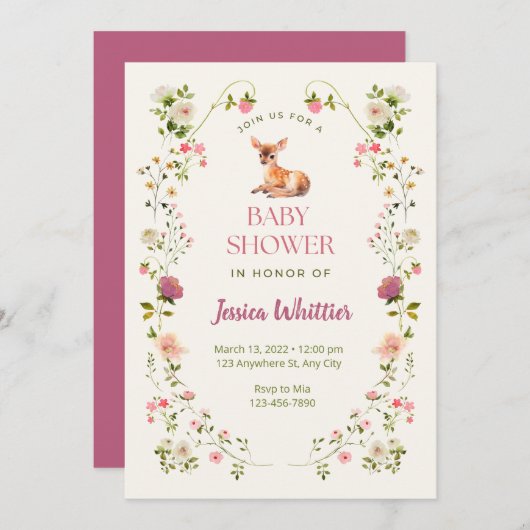 Rosa und grünes Hirsch und Blumenbaby-Dusche Einladung (Vorne/Hinten)