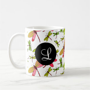 Rosa und grünes Libellen-Monogramm Kaffeetasse