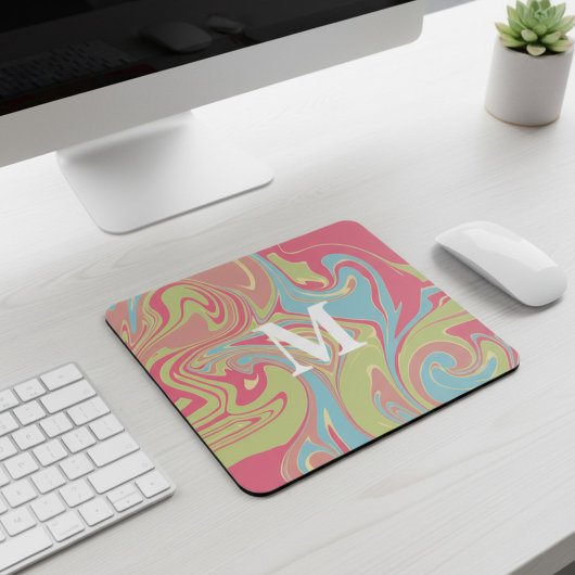 Rosa und grünes Marmor-Monogramm Mousepad