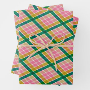 Rosa und grünes modernes Karo-Weihnachtsmuster Geschenkpapier Set