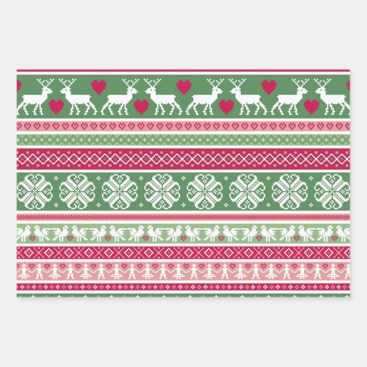 Rosa und grünes nordisches Trio Geschenkpapier Set (Vorderseite)