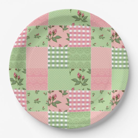 Rosa und grünes Patchwork-Quilt-Muster Pappteller (Vorderseite)