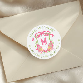 Rosa und grünes Pickleball Monogram-Wappen Runder Aufkleber