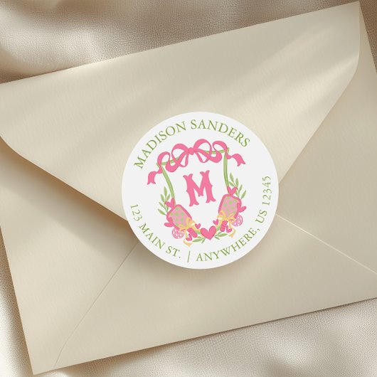 Rosa und grünes Pickleball Monogram-Wappen Runder Aufkleber