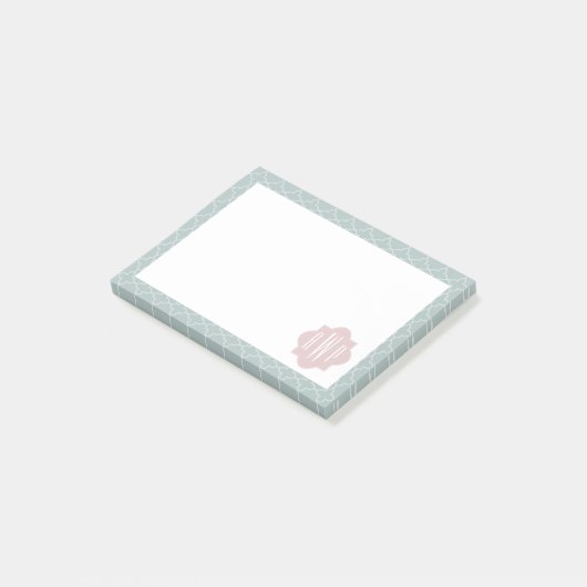 Rosa und grünes Quatrefoil Monogramm Post-it Klebezettel (angewinkelt)