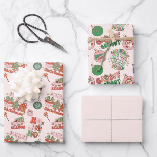 Rosa und grünes Retro-Weihnachten Geschenkpapier Set