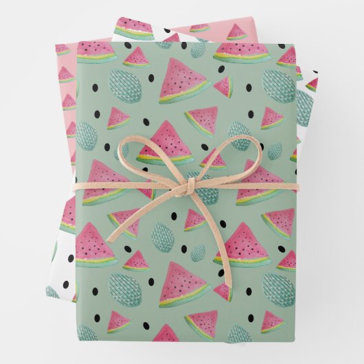 Rosa und grünes Wassermelone-Muster Wasserfarbe Geschenkpapier Set (Beispiel)