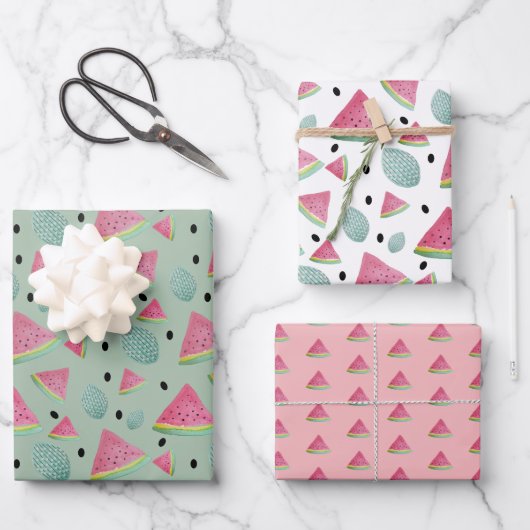 Rosa und grünes Wassermelone-Muster Wasserfarbe Geschenkpapier Set (Vorderseite)