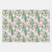 Rosa und grünes Weihnachtsdorf Geschenkpapier Set (Vorderseite 3)