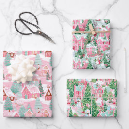 Rosa und grünes Weihnachtsdorf Geschenkpapier Set