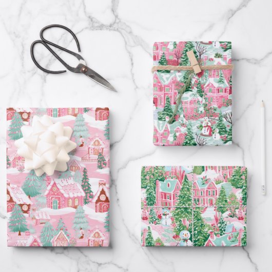 Rosa und grünes Weihnachtsdorf Geschenkpapier Set (Vorderseite)