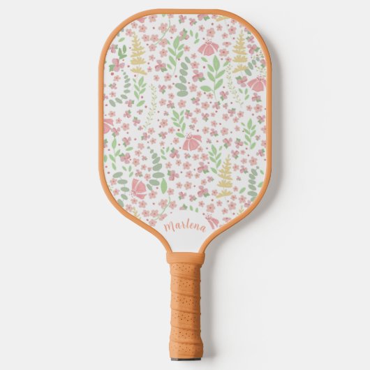 Rosa und grünes Wildblumenmuster Pickleball Schläger (Vorderseite)