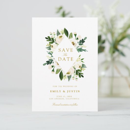 Rosa und Grünpflanzen Save the Date Karte (Stehend Vorderseite)