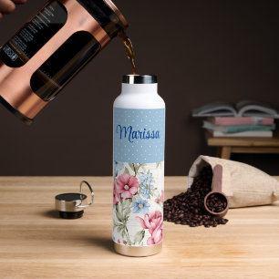 Rosa und Himmelblau Blumen und Punkte Trinkflasche