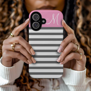 Rosa und Holzkohle Preppy-Streifen Monogramm iPhone 16 Hülle