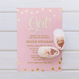 Rosa und Imitate Gold Confetti Girl Baby Showingin Folieneinladung