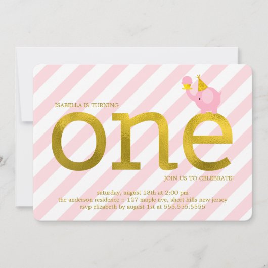 Rosa und Imitate Goldene Foil Elefantenparty Einladung (Vorderseite)