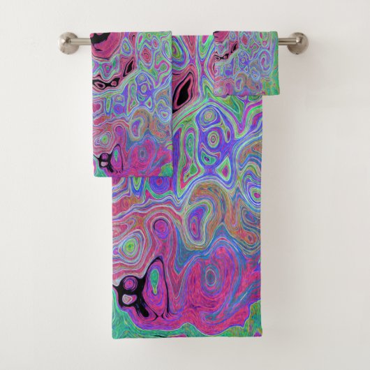 Rosa und Kalkgrün Groovy Abstrakt Retro Swirl Badhandtuch Set (Insitu)