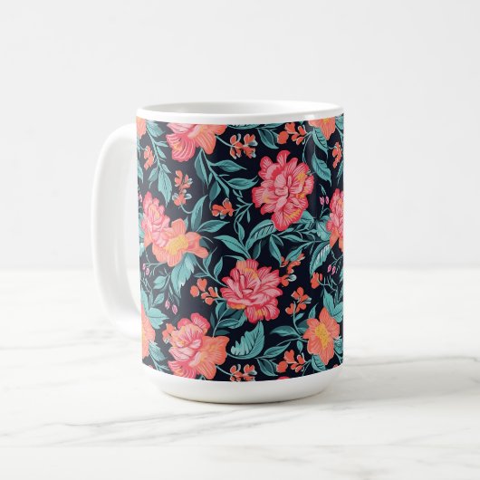 Rosa und korallenfarbene Blume Kaffeetasse (Vorderseite Links)