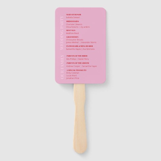 Rosa und leuchtend rotes Hochzeitsprogramm Set der Fächer (Rückseite)