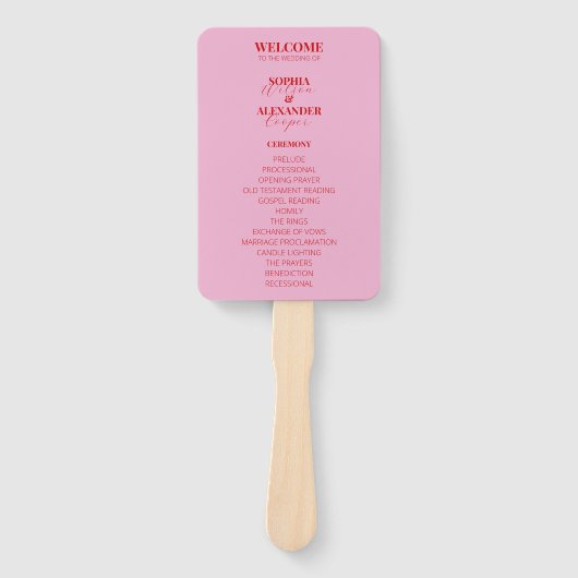 Rosa und leuchtend rotes Hochzeitsprogramm Set der Fächer (Vorderseite)