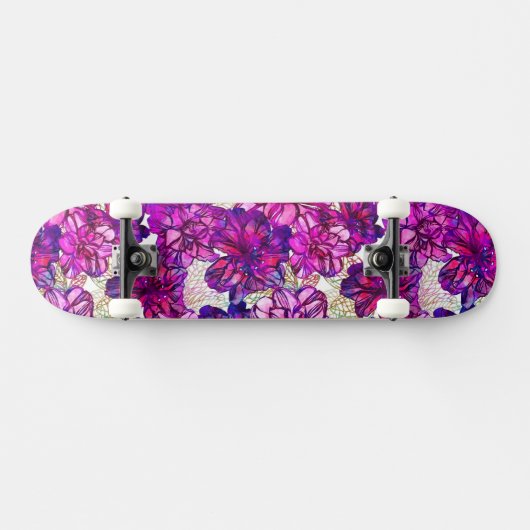 Rosa und lila abstraktes Blumen-Muster Skateboard (Horizontal)