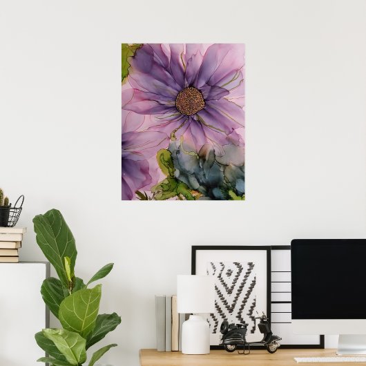 Rosa und lila Alkoholfarbe Blume Poster (Heimbüro)
