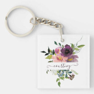 Rosa und lila Aquarell-Blumen personalisiert Schlüsselanhänger