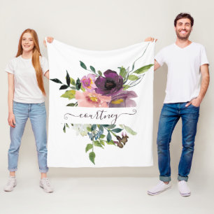 Rosa und lila Aquarellblumen personalisiert Fleecedecke