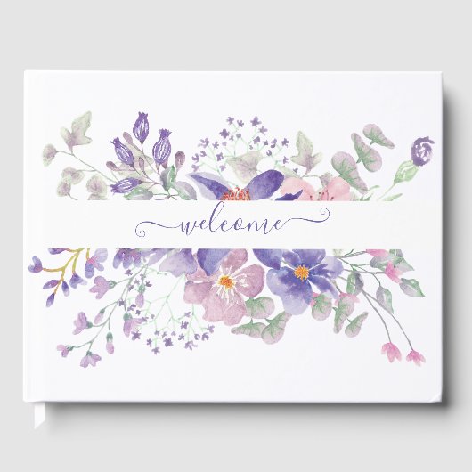 Rosa und lila Aquarellblumen personalisiert Gästebuch (Vorderseite)