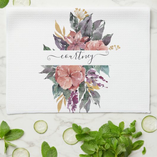 Rosa und lila Aquarellblumen personalisiert Geschirrtuch (Gefaltet)