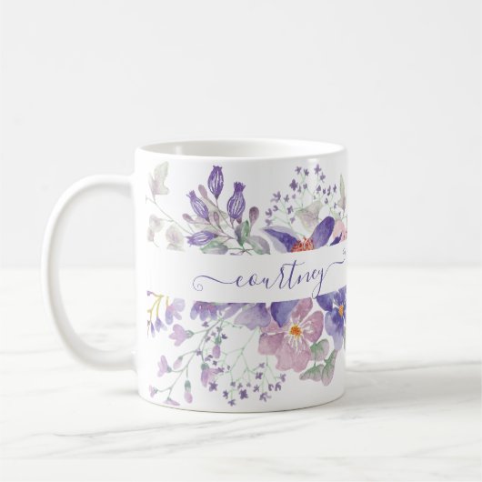 Rosa und lila Aquarellblumen personalisiert Kaffeetasse (Links)