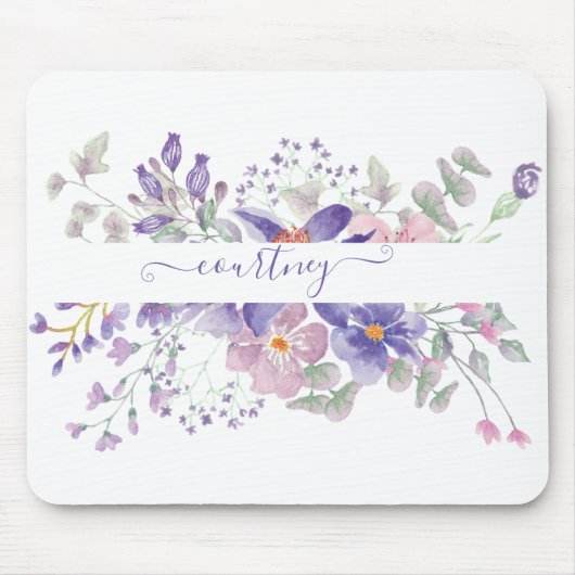 Rosa und lila Aquarellblumen personalisiert Mousepad (Vorne)