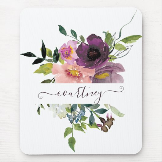 Rosa und lila Aquarellblumen personalisiert Mousepad (Vorne)