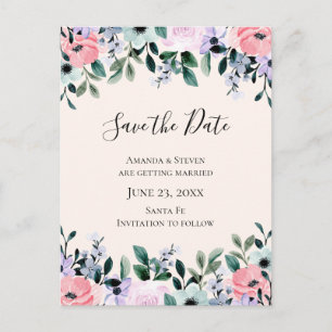 Rosa und Lila Aquarellblumen Save the Date Einladungspostkarte