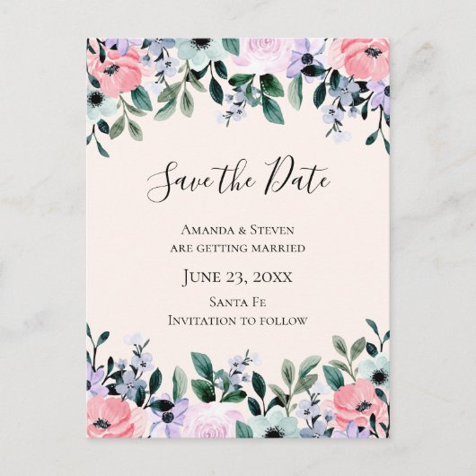 Rosa und Lila Aquarellblumen Save the Date Einladungspostkarte (Vorderseite)