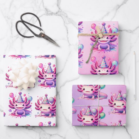Rosa und Lila Axolotl Girl's Birthday Party Geschenkpapier Set (Vorderseite)